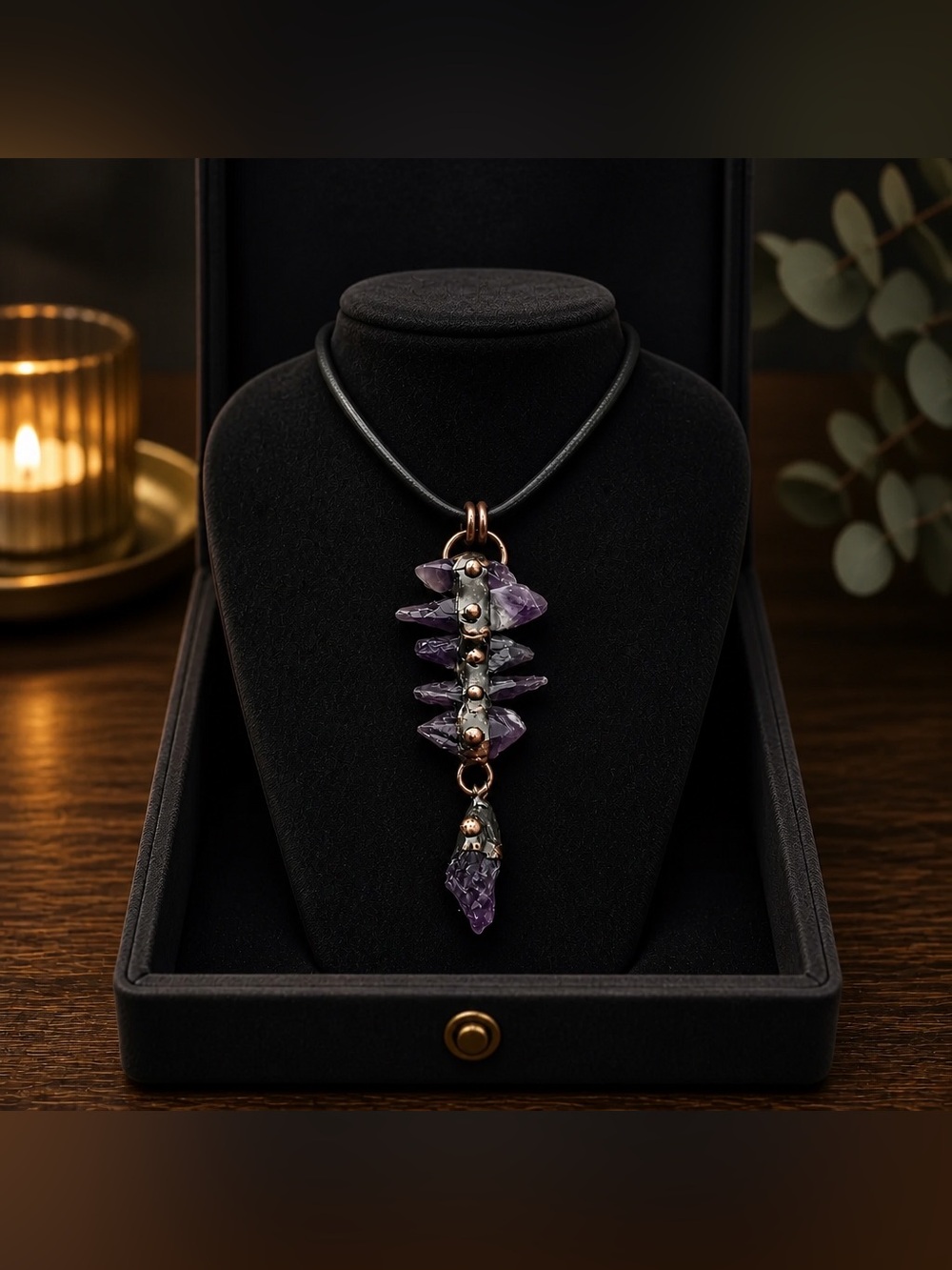 Raw Amethyst Pendant Necklace with Copper Accents - Purple